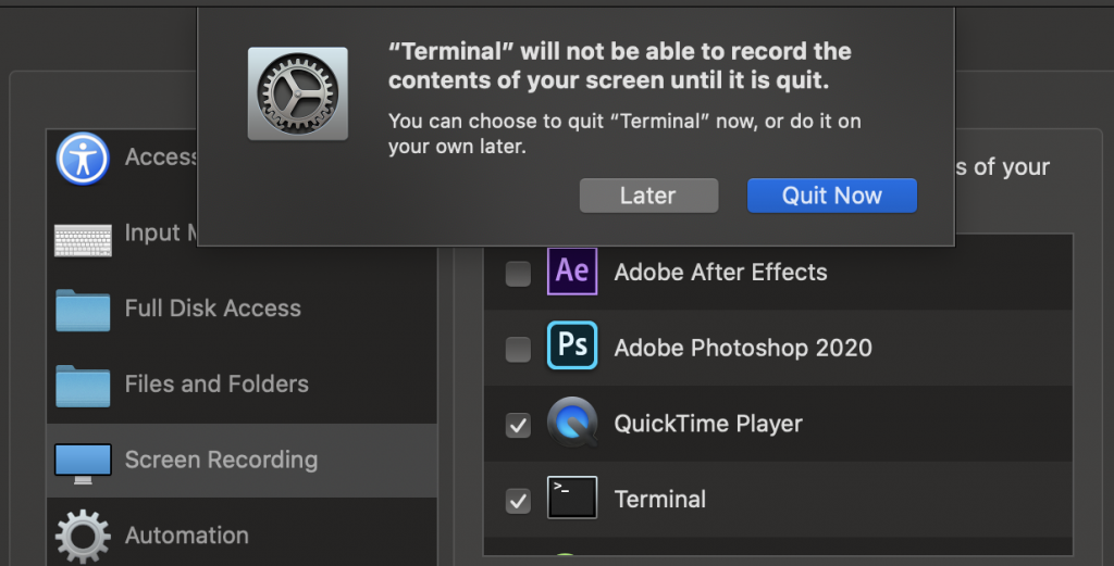 System preferences request terminal to quit
